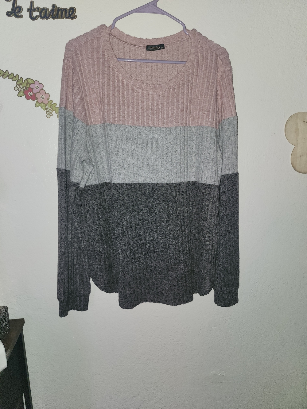 Ofeefan Pink, Light Gray & Charcoal Ribbed Colorblock Pullover Sweater XXL